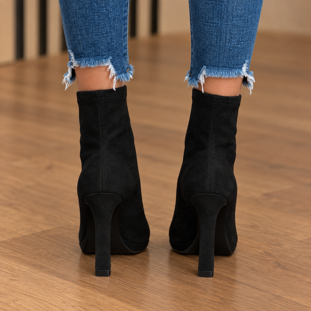 Heeled Suede Ankle Boots with Wide Toe Box and Block Heel