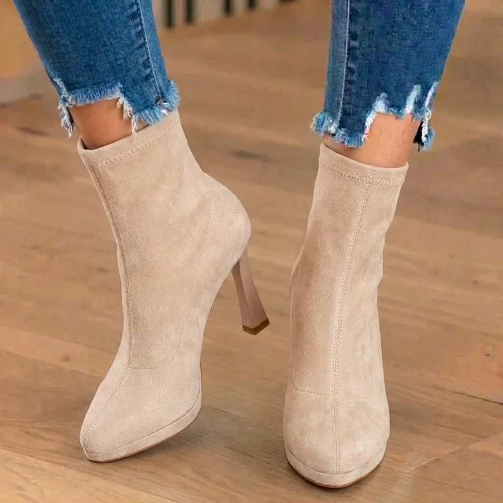 Heeled Suede Ankle Boots with Wide Toe Box and Block Heel