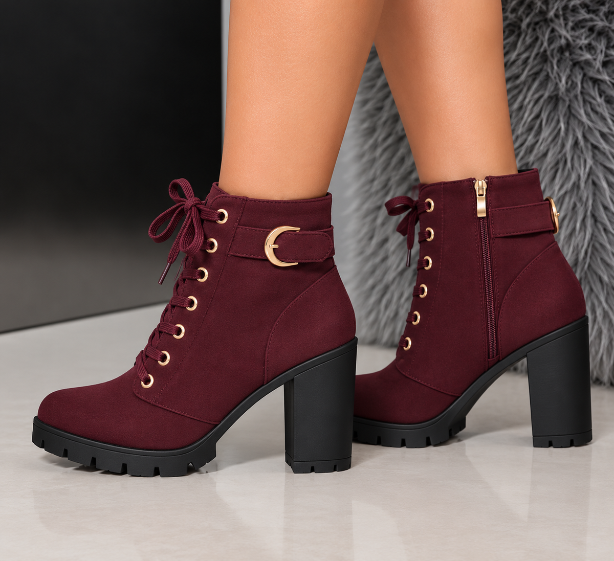 Heeled Suede Lace Up Ankle Boots with Gold Eyelets