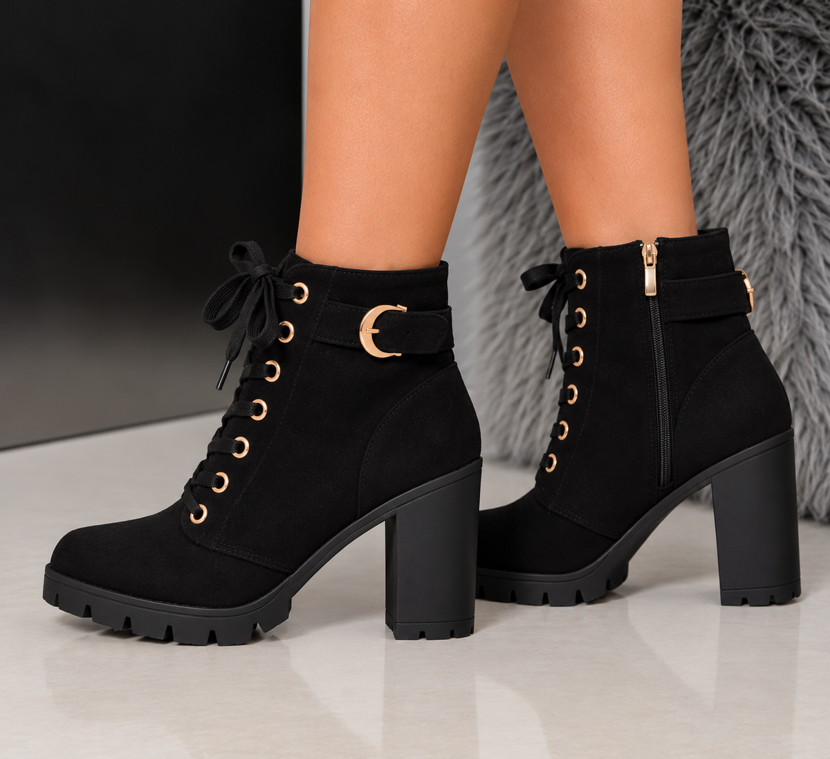 Heeled Suede Lace Up Ankle Boots with Gold Eyelets