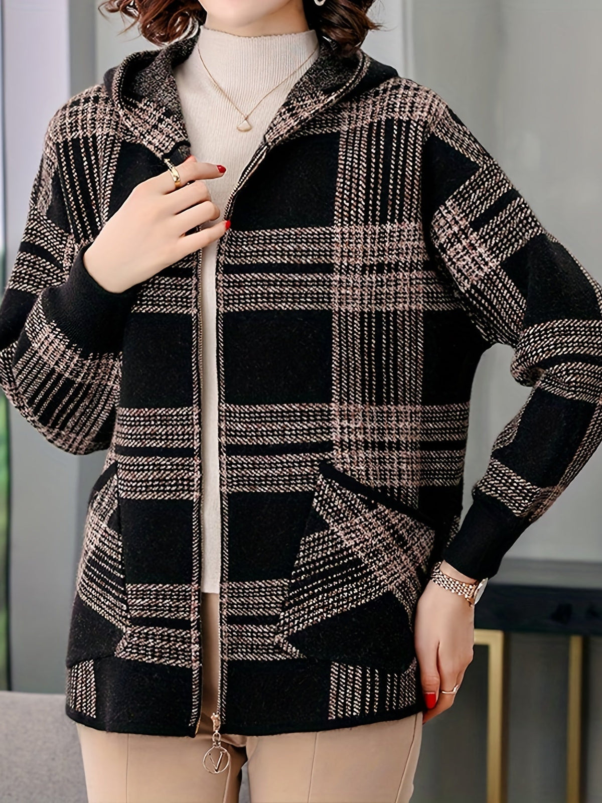 Heritage Check Hooded Zip-Up Jacket in Wool Style