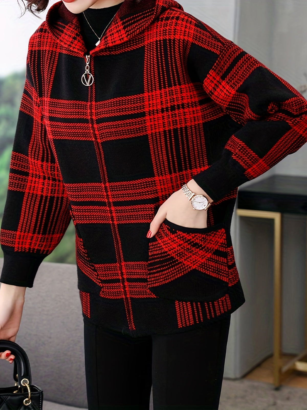 Heritage Check Hooded Zip-Up Jacket in Wool Style