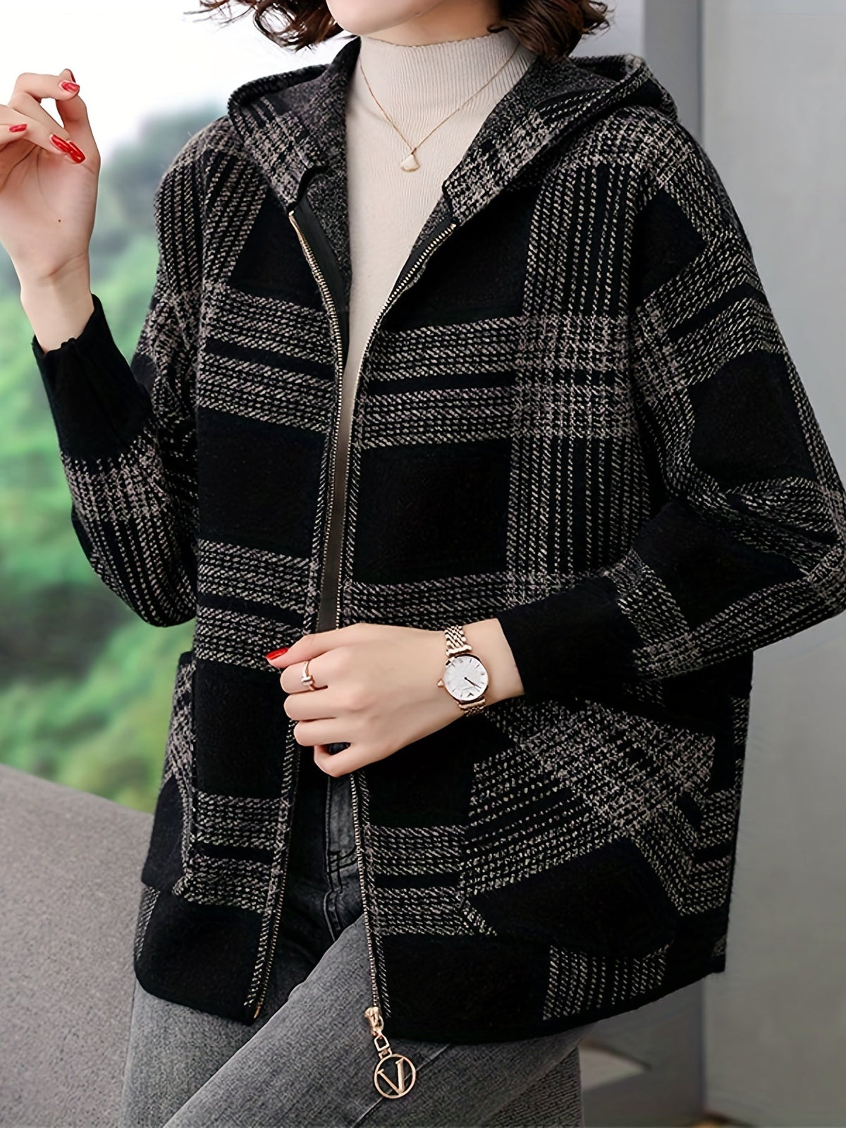 Heritage Check Hooded Zip-Up Jacket in Wool Style