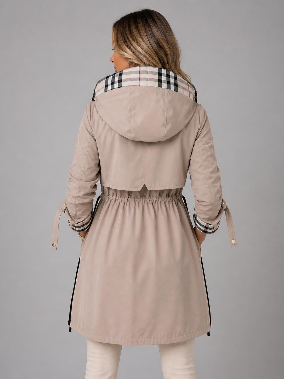 Hooded Anorak with Check Lining and Drawstring Waist