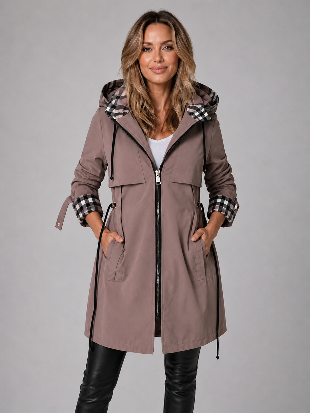 Hooded Anorak with Check Lining and Drawstring Waist