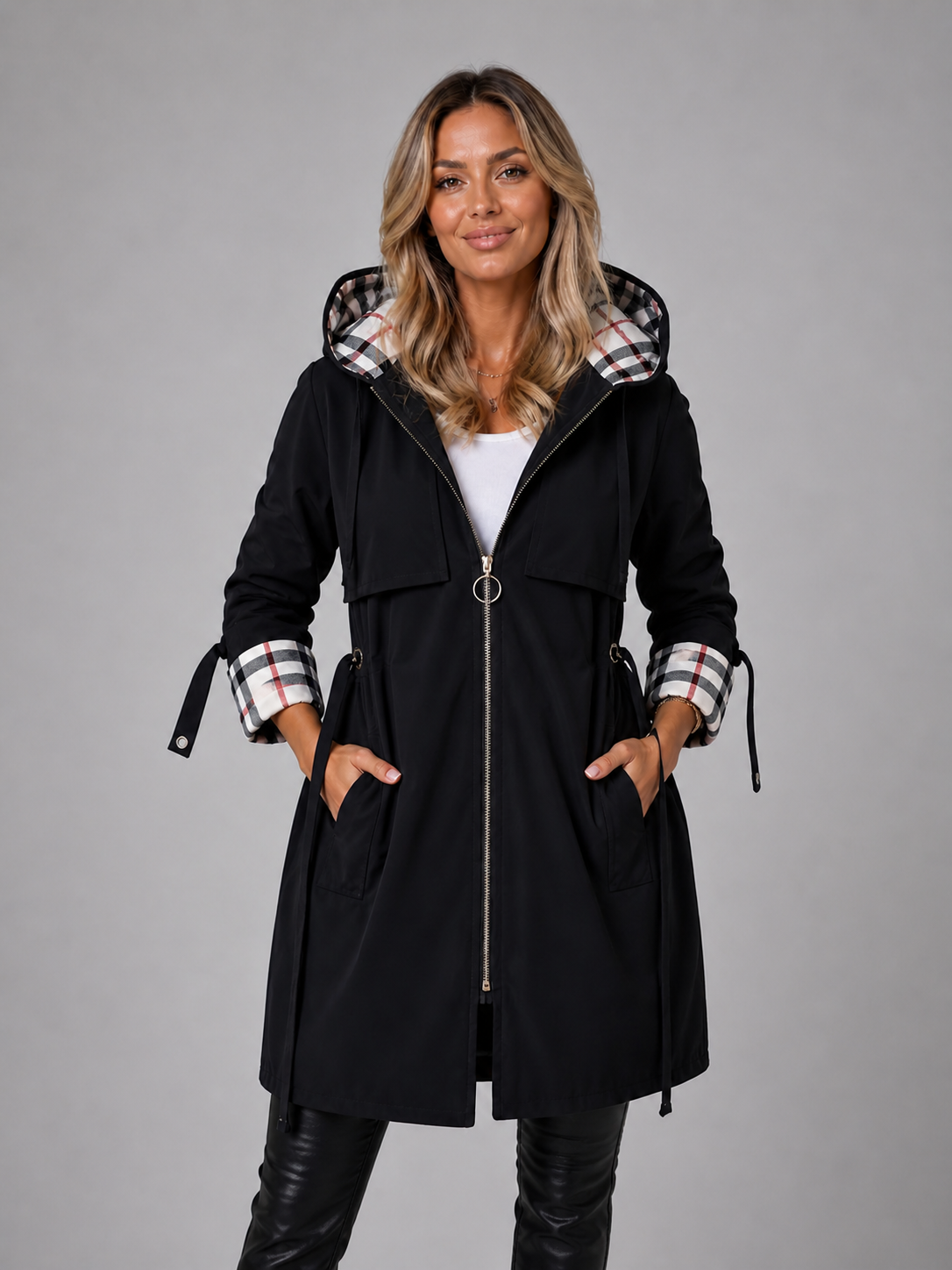 Hooded Anorak with Check Lining and Drawstring Waist