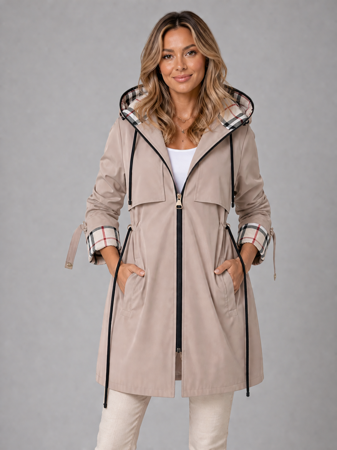 Hooded Anorak with Check Lining and Drawstring Waist