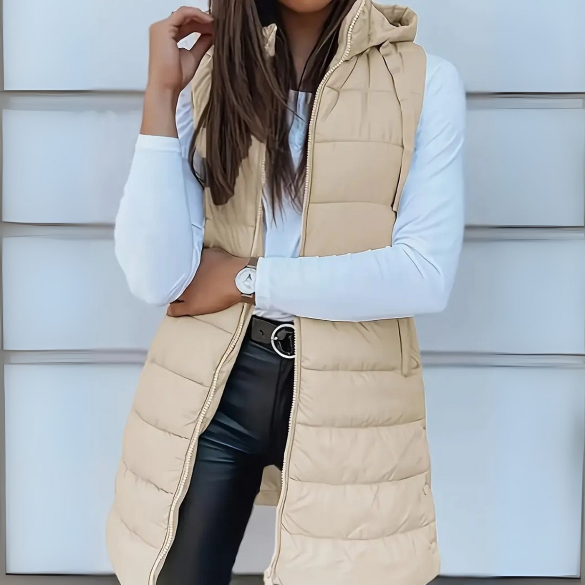 Hooded Long Puffer Gilet with Zip Front