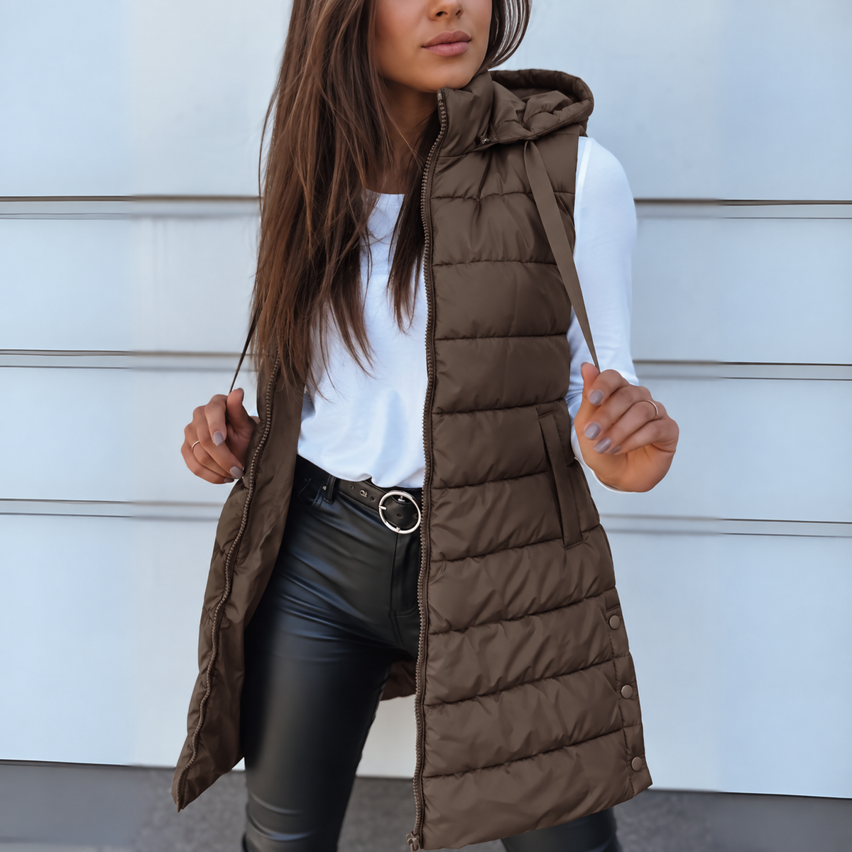 Hooded Long Puffer Gilet with Zip Front