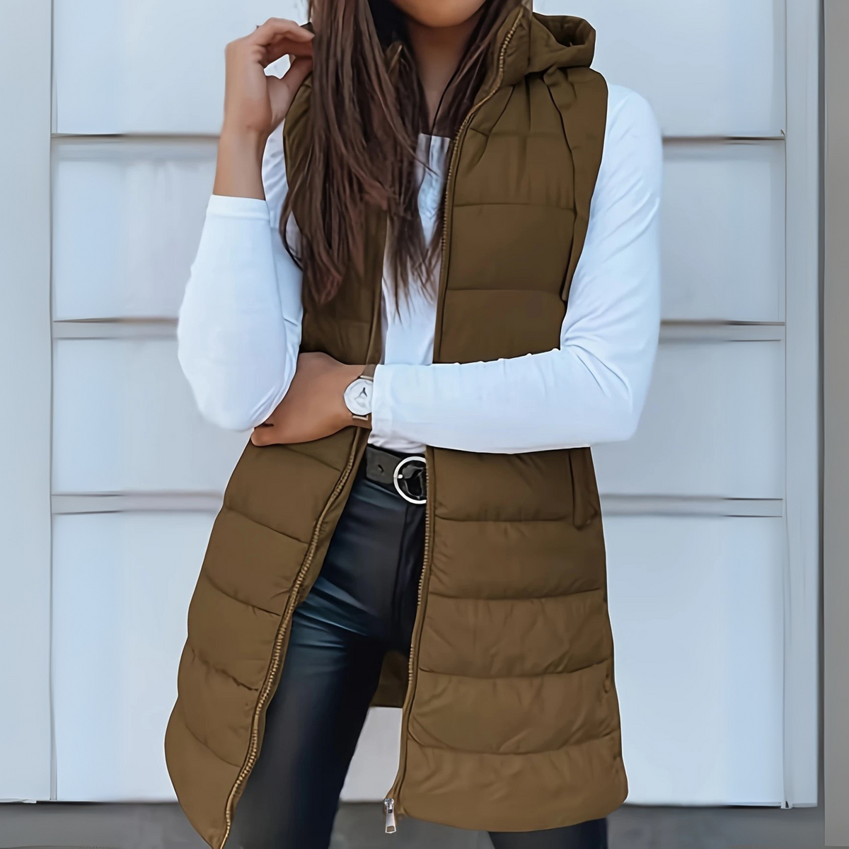 Hooded Long Puffer Gilet with Zip Front