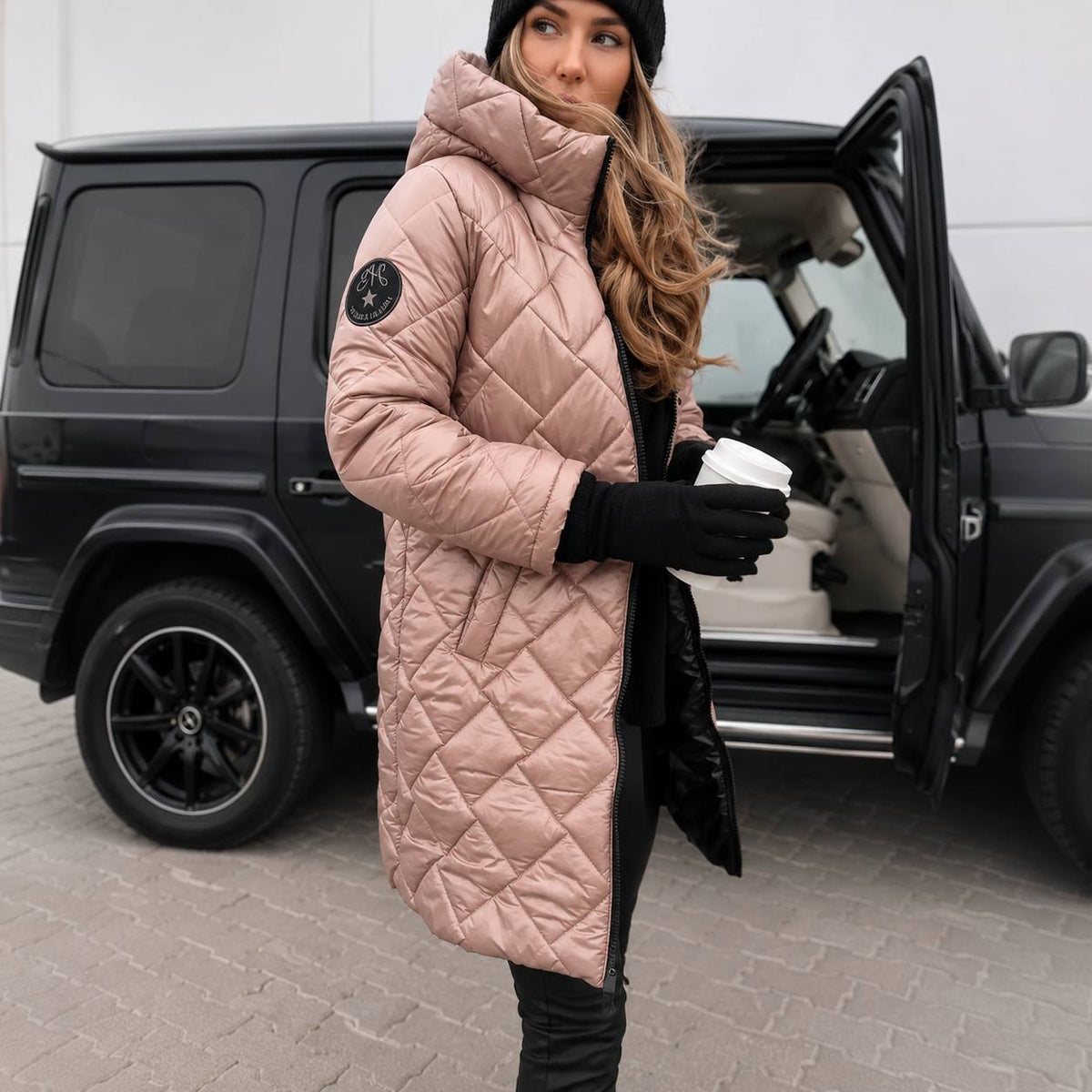 Hooded Long Quilted Puffer Coat with Diamond Stitch