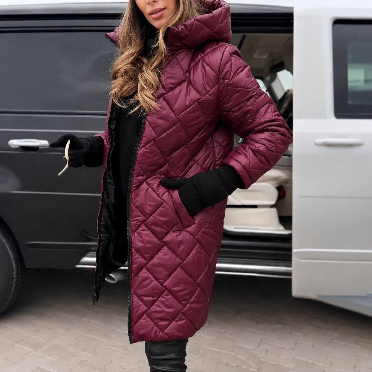 Hooded Long Quilted Puffer Coat with Diamond Stitch