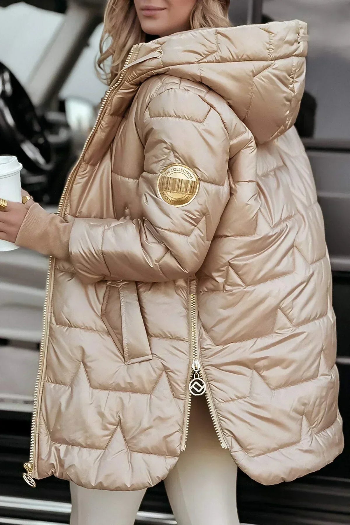 Hooded Puffer Jacket with Gold Hardware and Diamond Quilting