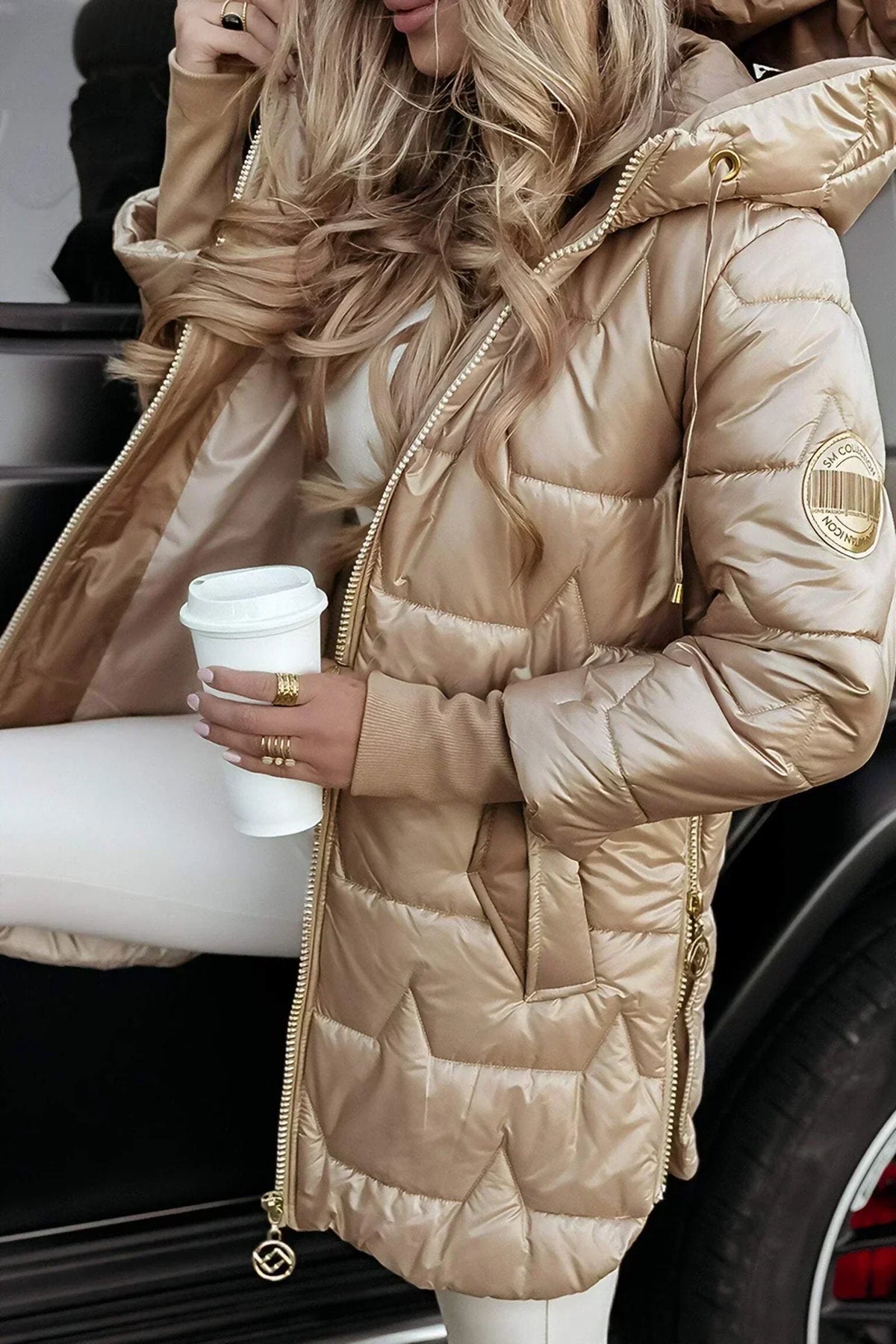 Hooded Puffer Jacket with Gold Hardware and Diamond Quilting