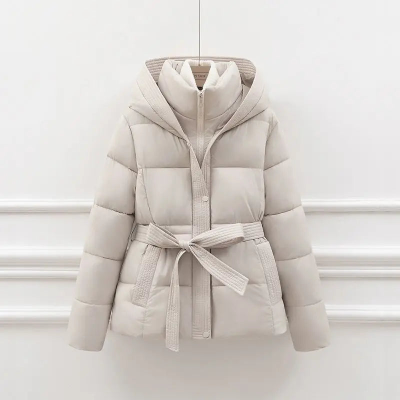 Hooded Puffer Jacket with Tie Belt and Ribbed Trim