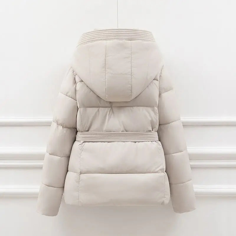 Hooded Puffer Jacket with Tie Belt and Ribbed Trim