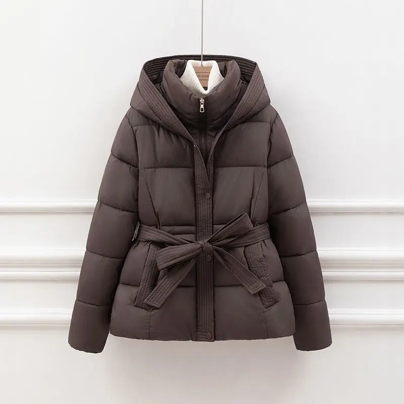 Hooded Puffer Jacket with Tie Belt and Ribbed Trim