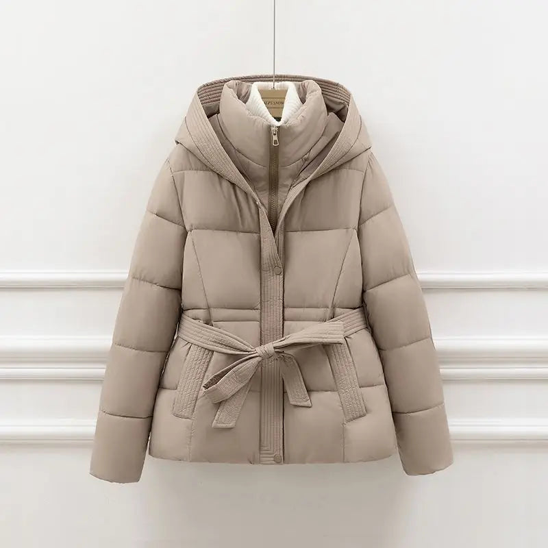 Hooded Puffer Jacket with Tie Belt and Ribbed Trim