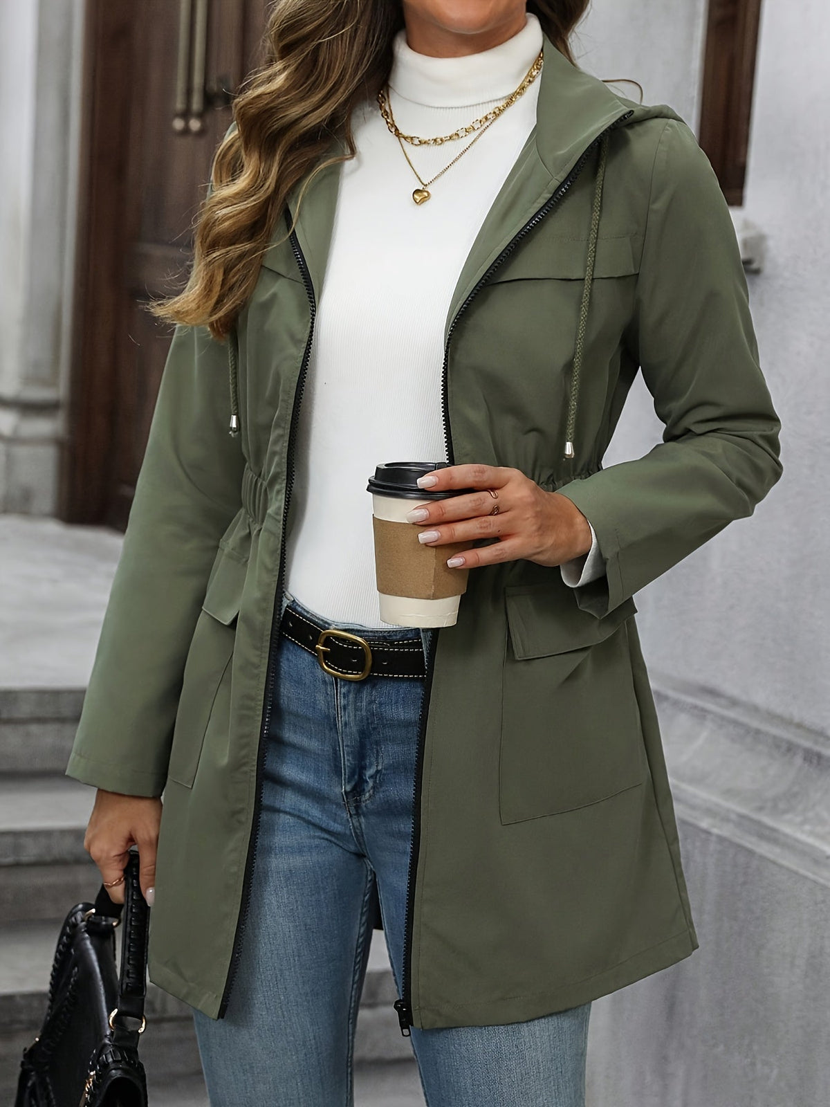 Hooded Zip-Up Anorak with Elasticated Waist and Patch Pockets