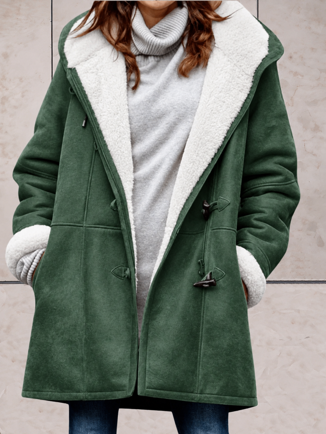 Hooded Suede Coat with Sherpa Lining and Toggle Closure