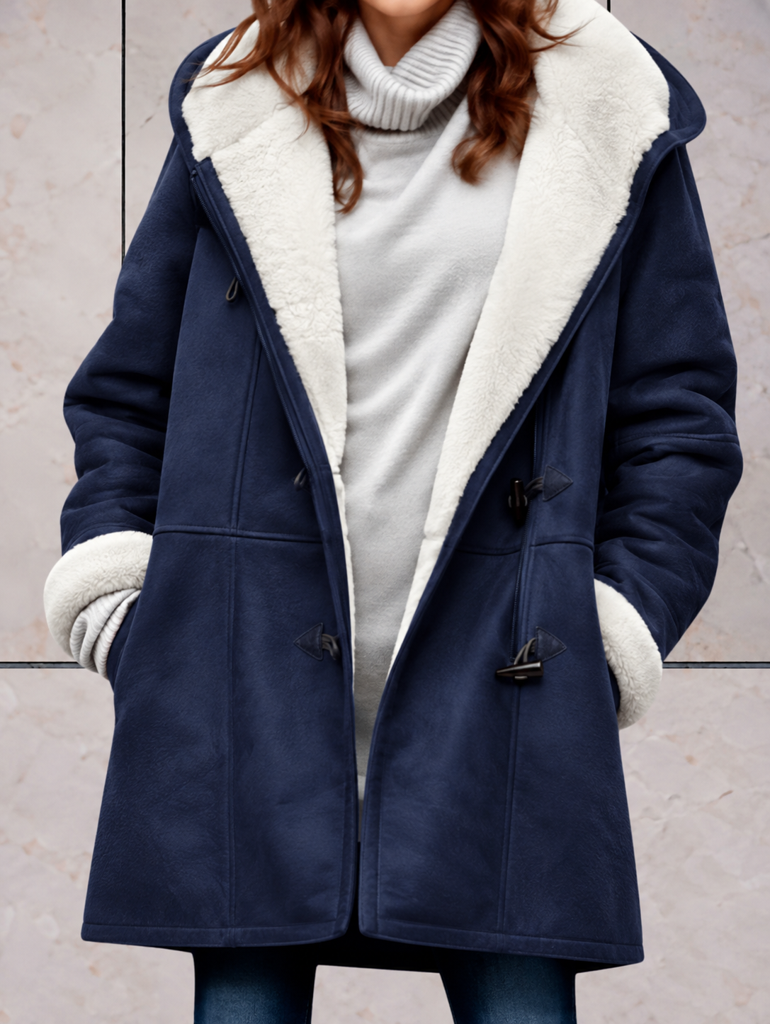 Hooded Suede Coat with Sherpa Lining and Toggle Closure