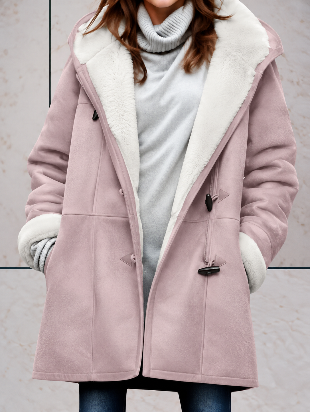 Hooded Suede Coat with Sherpa Lining and Toggle Closure