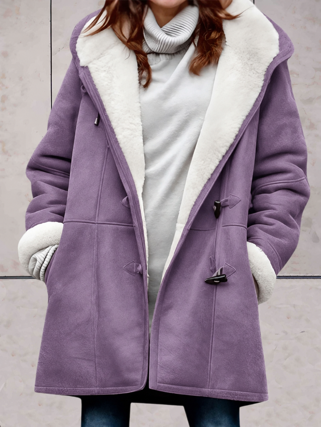 Hooded Suede Coat with Sherpa Lining and Toggle Closure