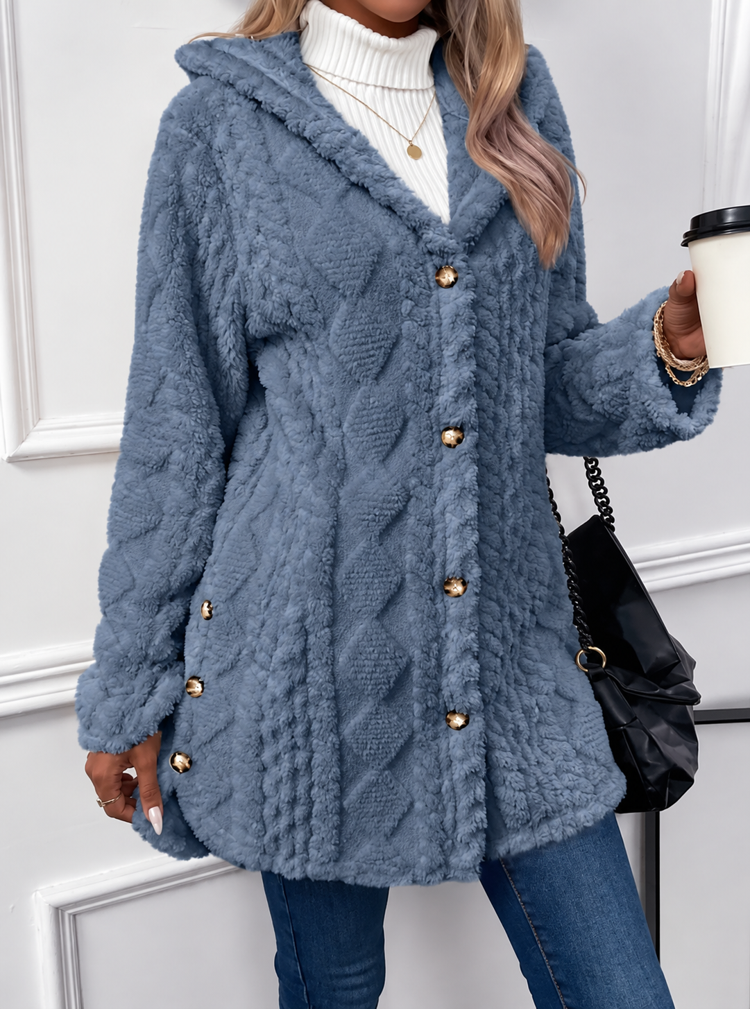 Hooded Teddy Fleece Jacket with Gold Button Detail