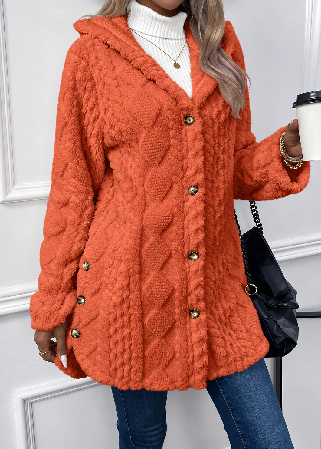 Hooded Teddy Fleece Jacket with Gold Button Detail