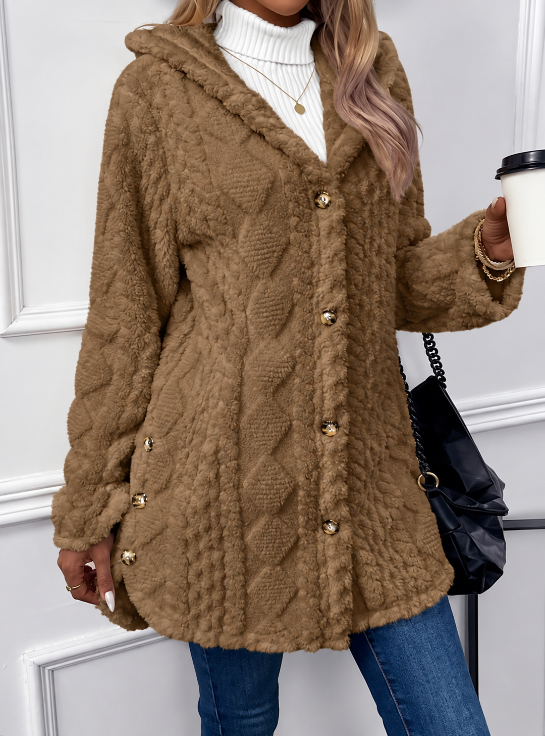Hooded Teddy Fleece Jacket with Gold Button Detail