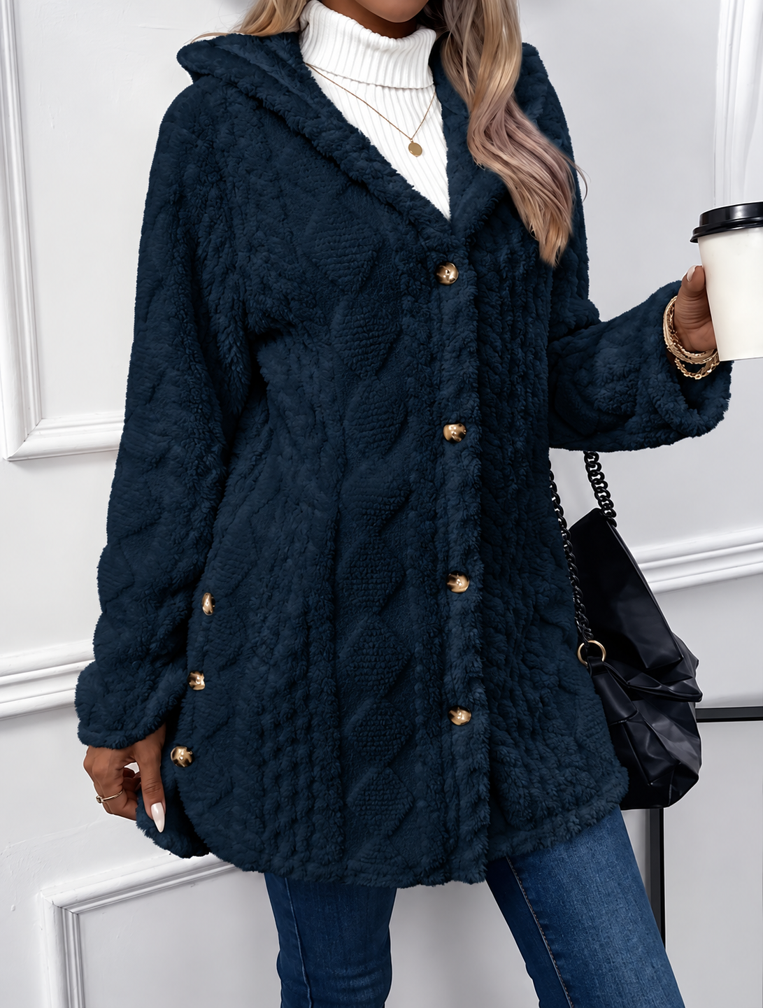 Hooded Teddy Fleece Jacket with Gold Button Detail