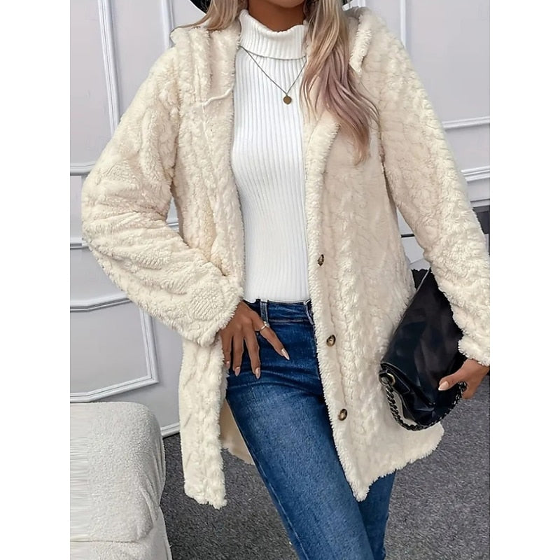Hooded Teddy Fleece Jacket with Gold Button Detail