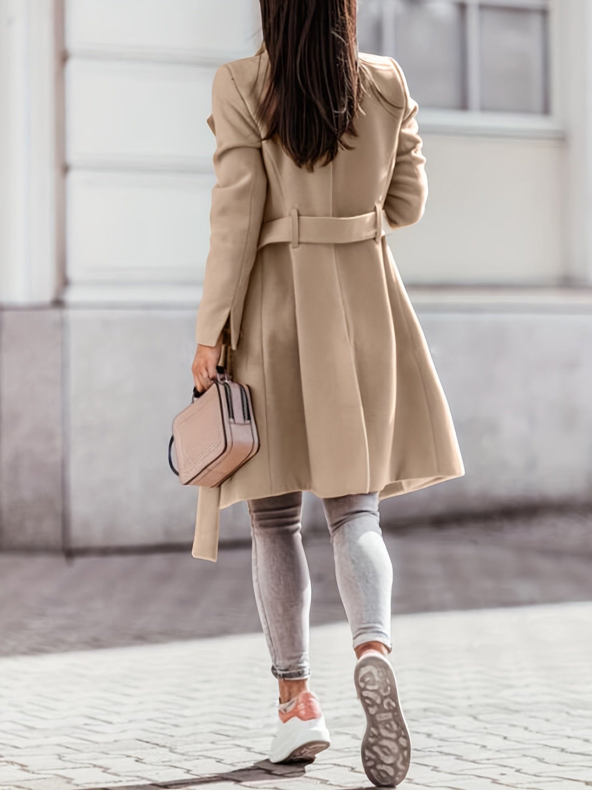 Khaki Belted Wool Coat with Wide Collar and Fitted Waist