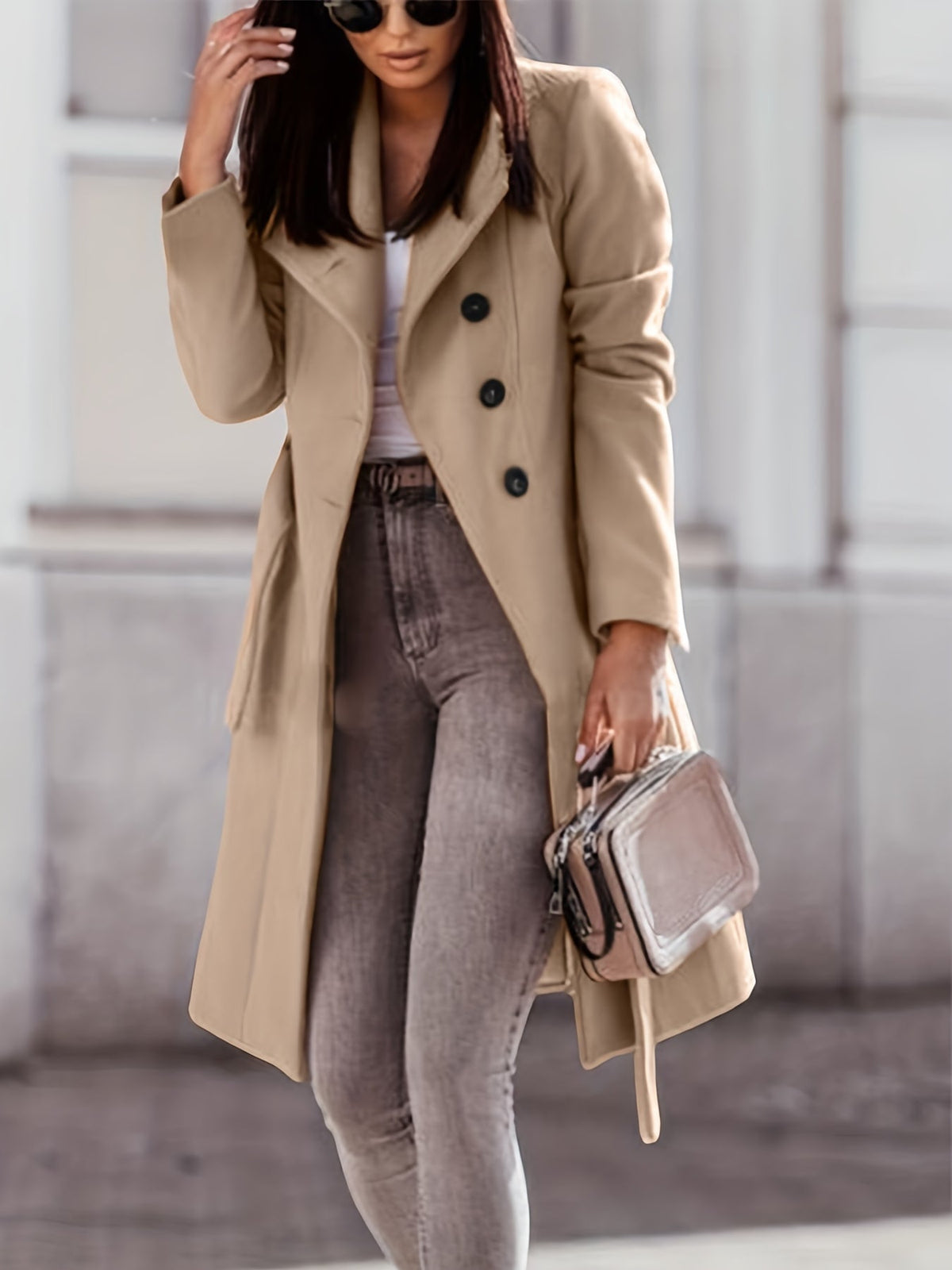 Khaki Belted Wool Coat with Wide Collar and Fitted Waist