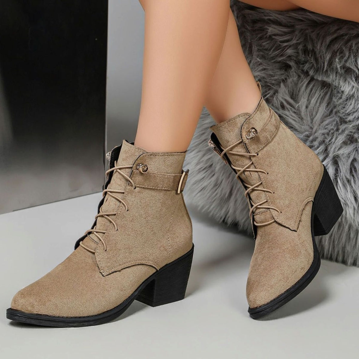Khaki Suede Lace Up Ankle Boots with Block Heel and Gold Buckle