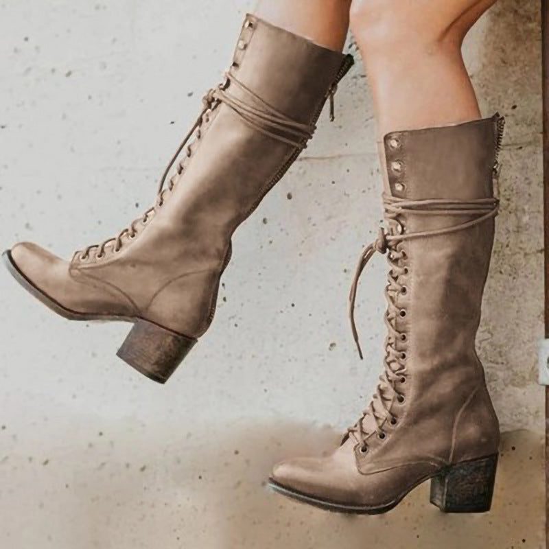 Knee High Lace-Up Leather Boots with Block Heel