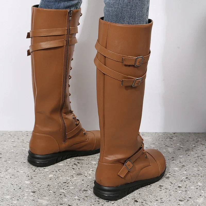 Leather Knee High Lace Up Boots with Buckle Straps