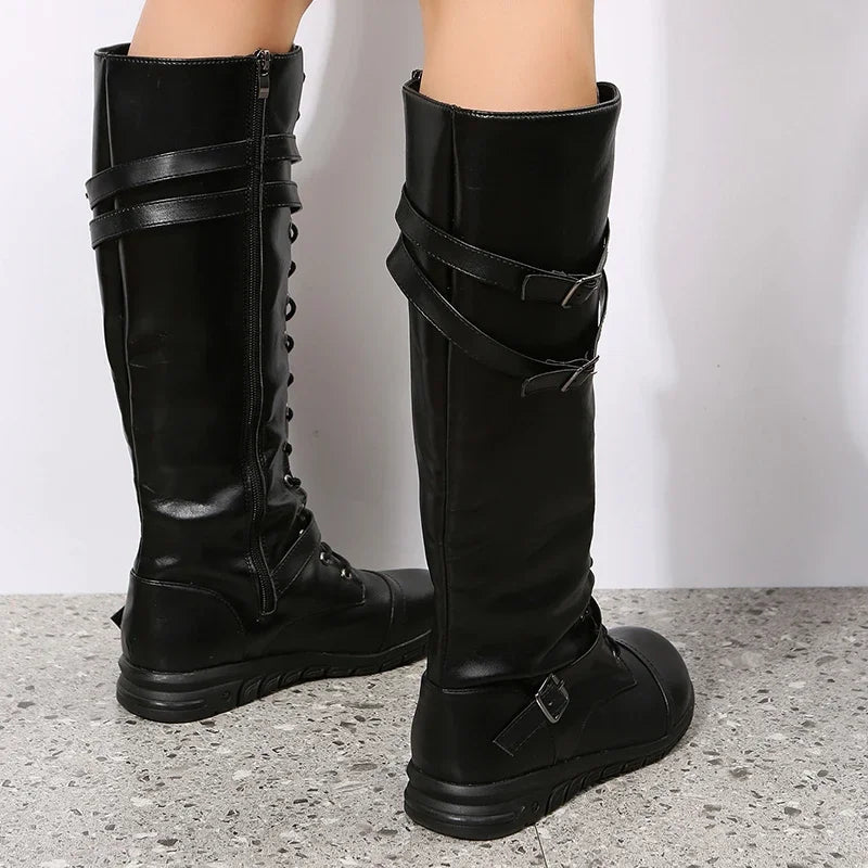 Leather Knee High Lace Up Boots with Buckle Straps