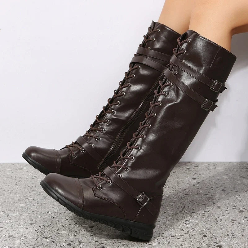 Leather Knee High Lace Up Boots with Buckle Straps