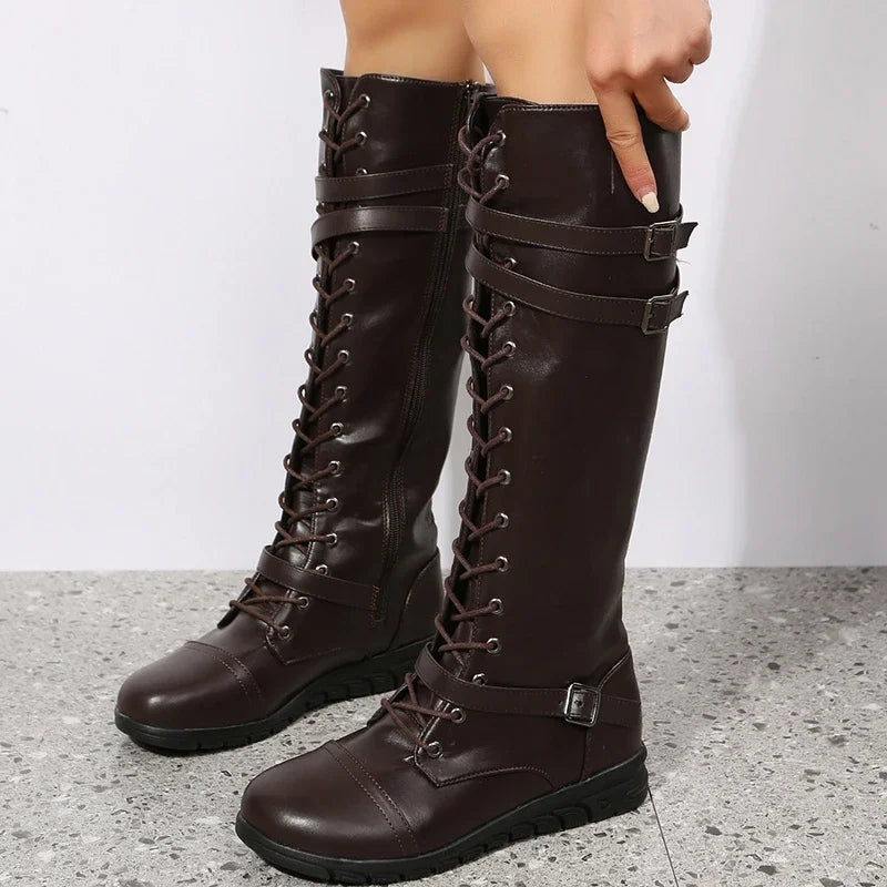 Leather Knee High Lace Up Boots with Buckle Straps