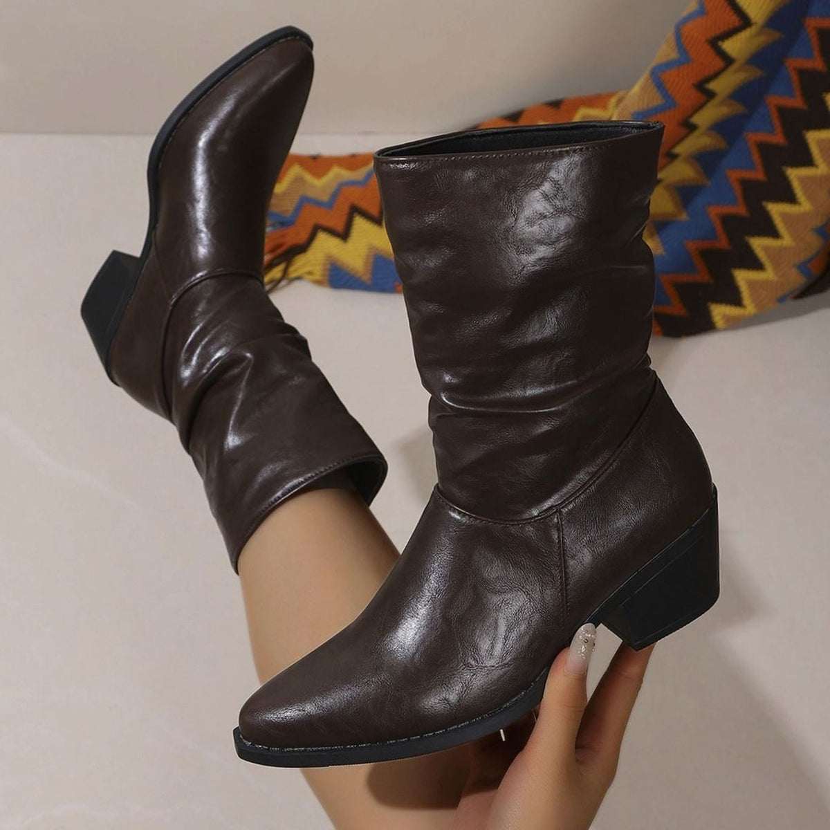 Leather Slouch Mid Calf Boots with Block Heel and Pointed Toe
