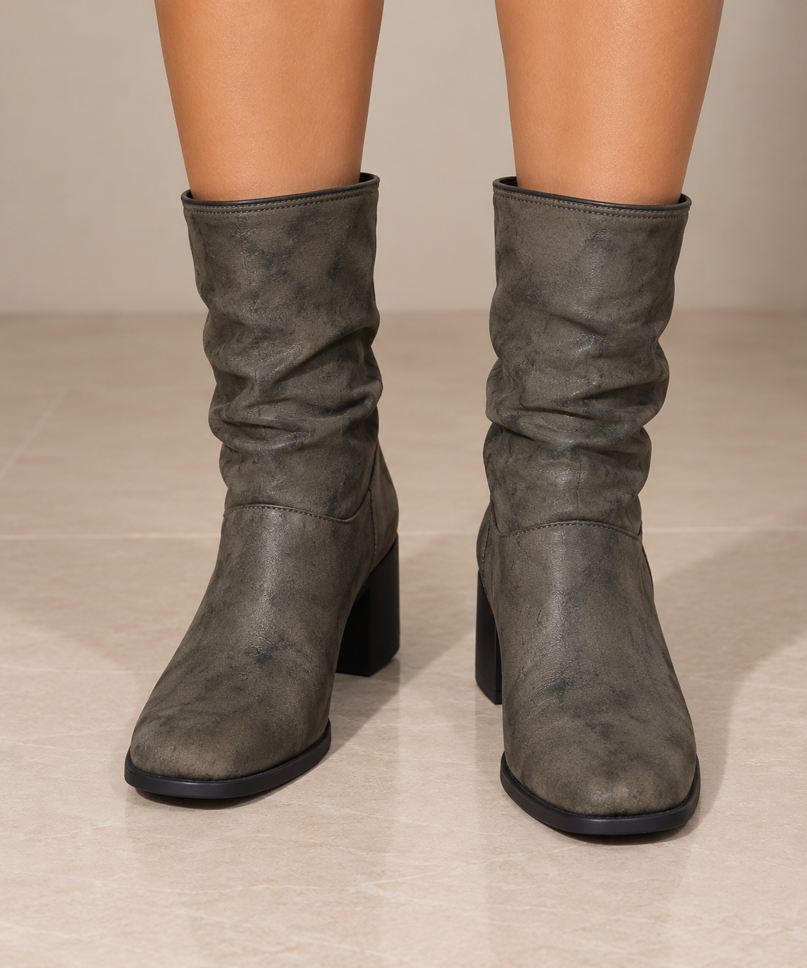 Leather Slouch Mid Calf Boots with Block Heel and Pointed Toe