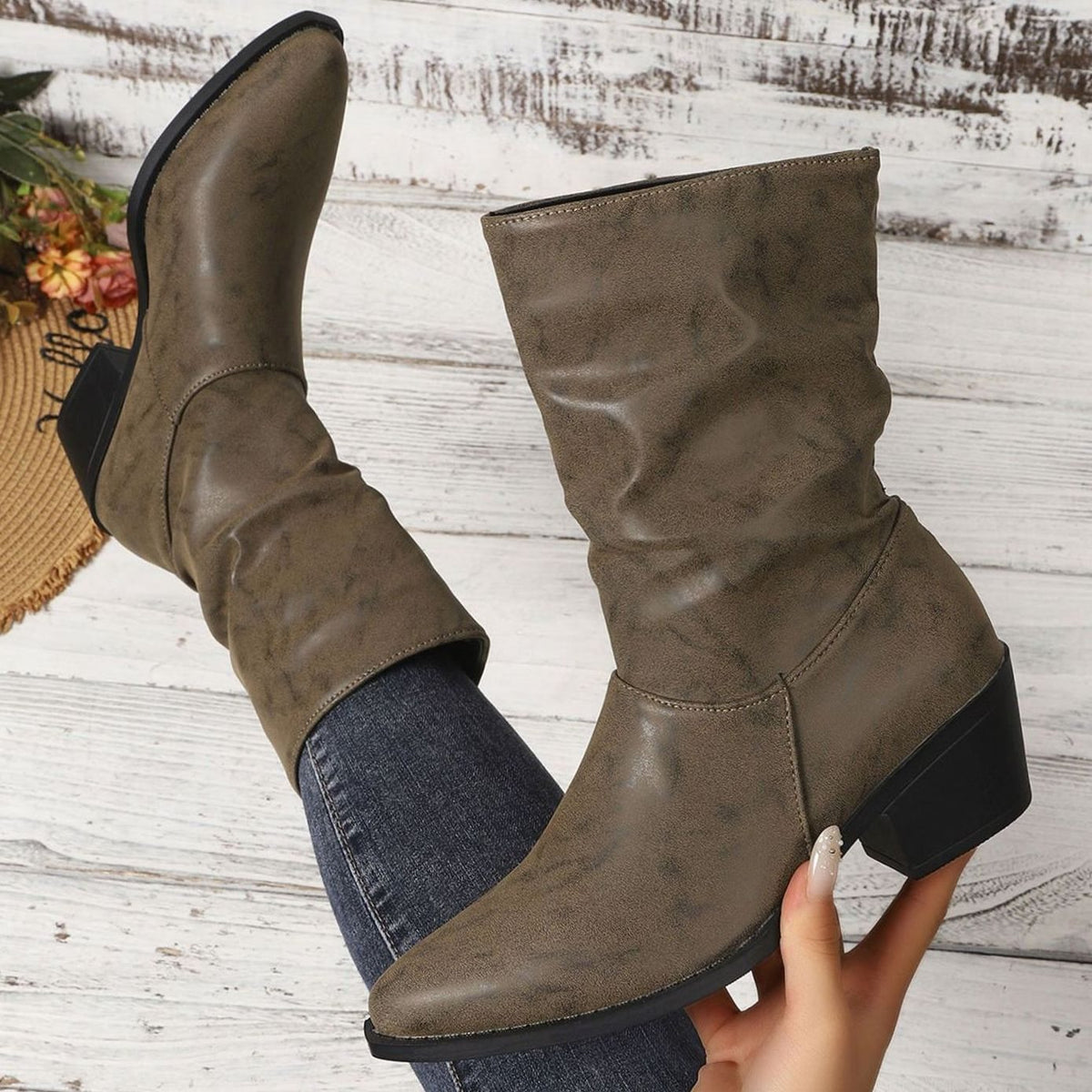 Leather Slouch Mid Calf Boots with Block Heel and Pointed Toe