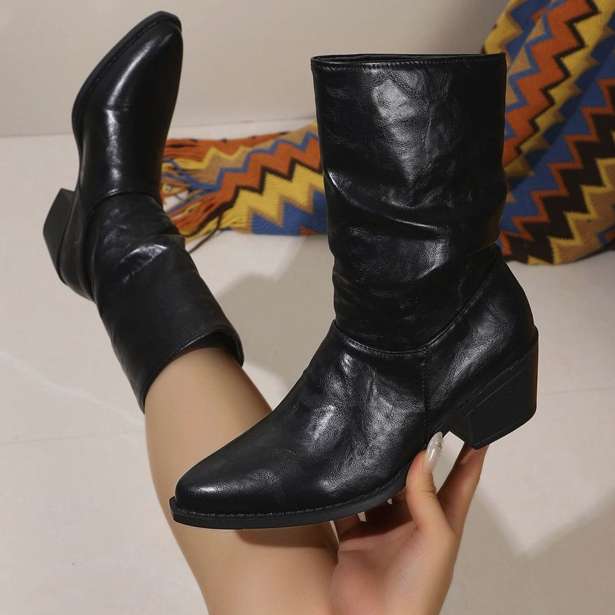 Leather Slouch Mid Calf Boots with Block Heel and Pointed Toe