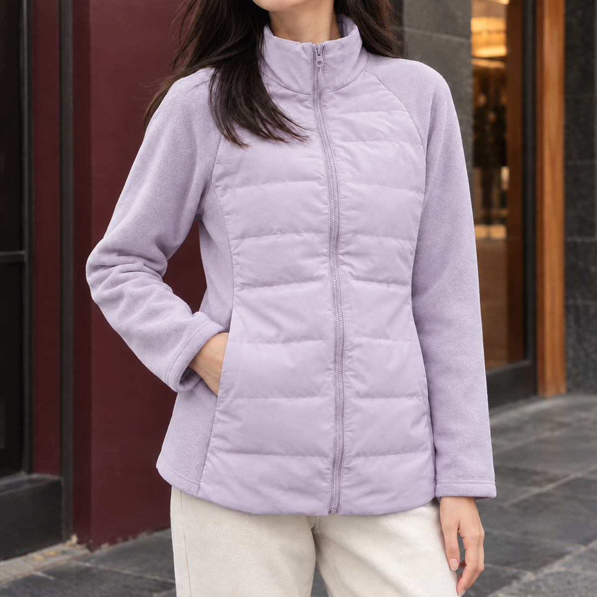 Lightweight Quilted Jacket with Fleece Sleeves and Stand Collar