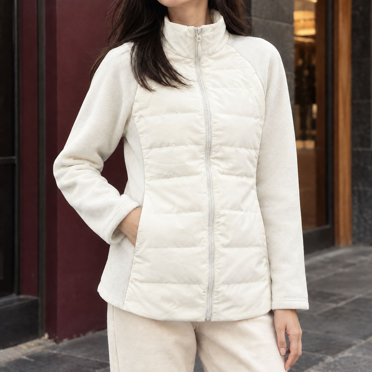 Lightweight Quilted Jacket with Fleece Sleeves and Stand Collar