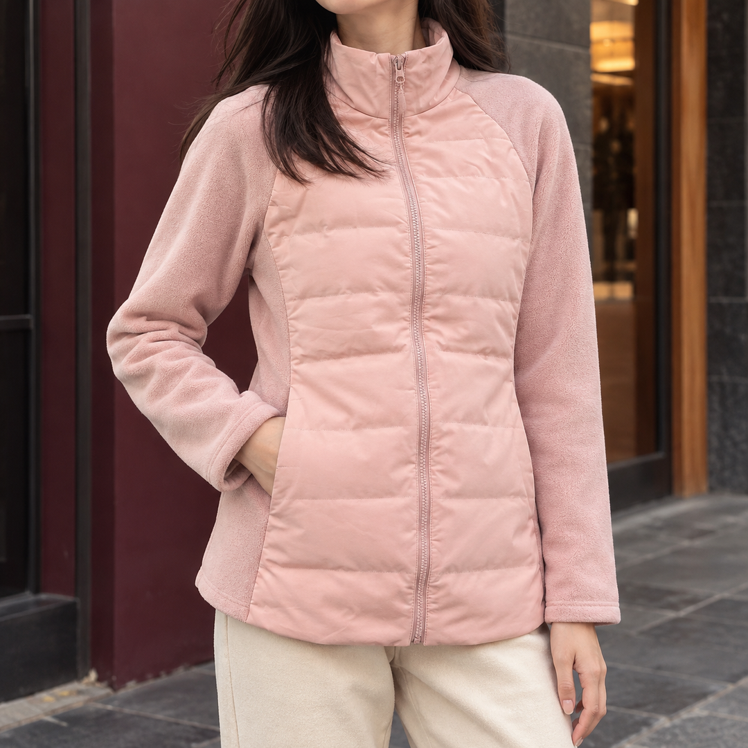 Lightweight Quilted Jacket with Fleece Sleeves and Stand Collar