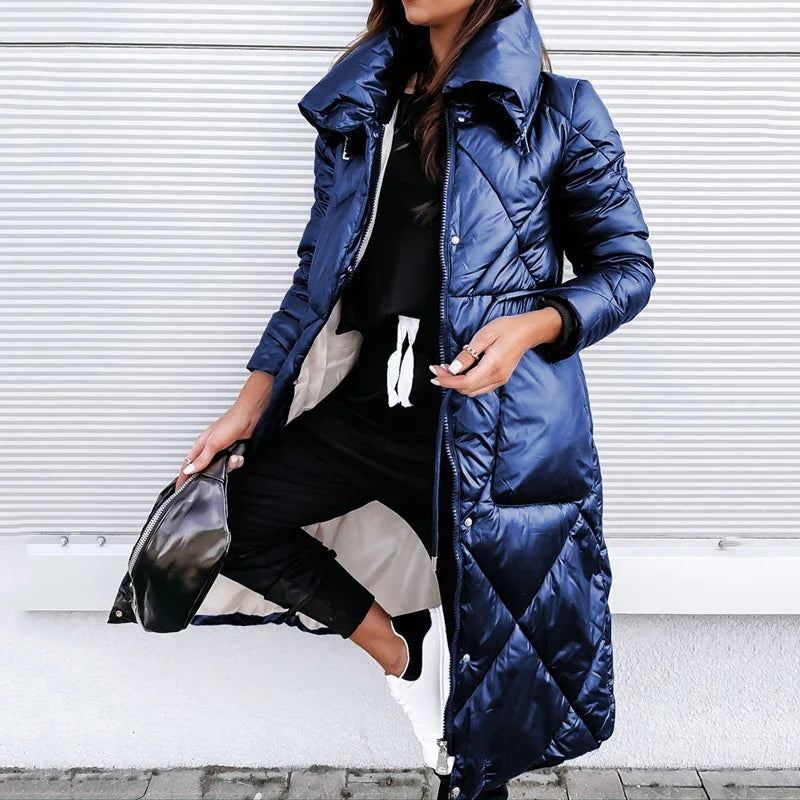 Long Quilted Puffer Jacket with High Collar and Diamond Stitch