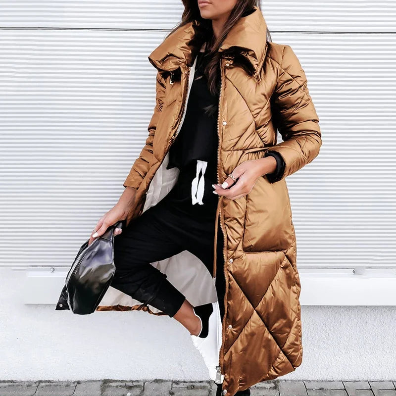 Long Quilted Puffer Jacket with High Collar and Diamond Stitch