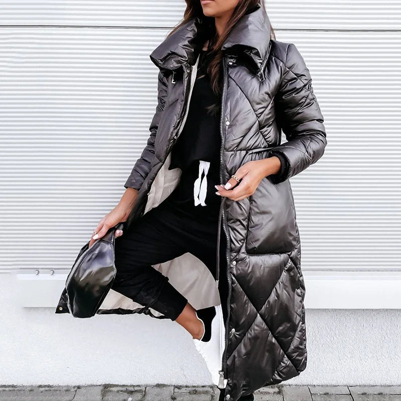 Long Quilted Puffer Jacket with High Collar and Diamond Stitch